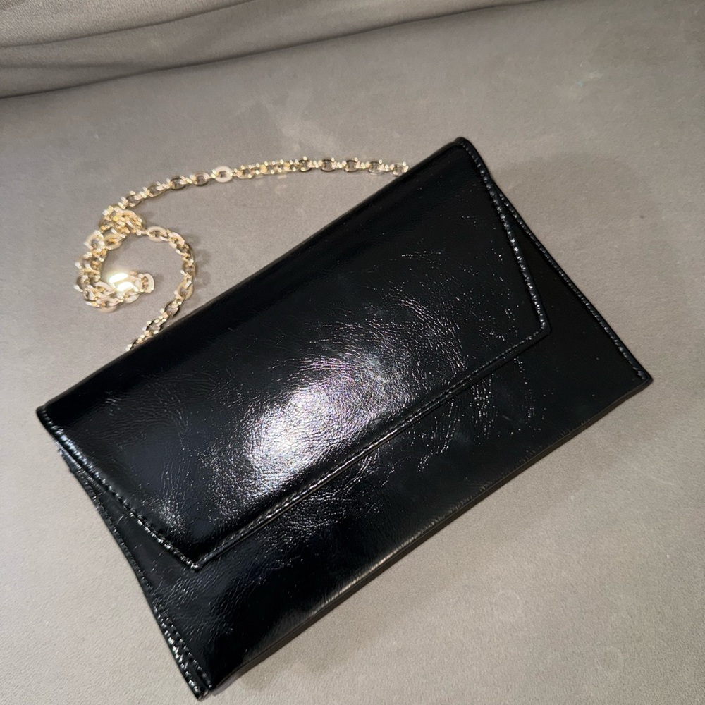 Black Patent Leather Envelope Chain Clutch -